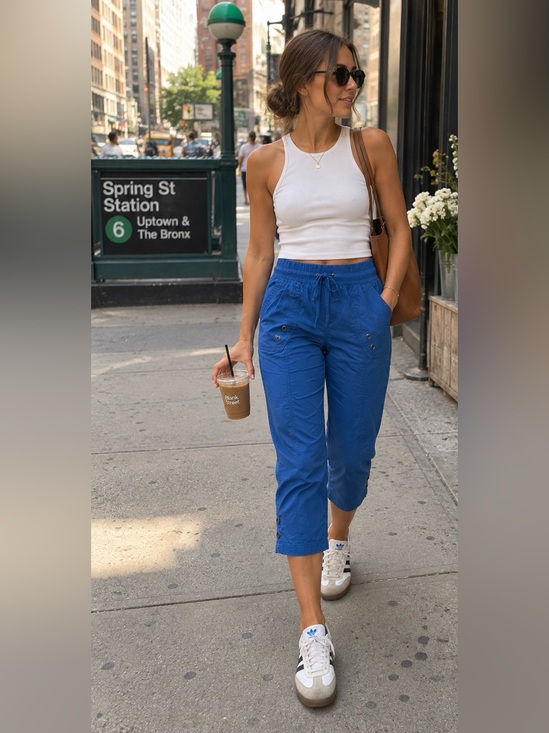 Palmrio Pants - Women’s Blue Capri Pants Cropped Utility Cargo Drawstring Elastic Waist Pockets